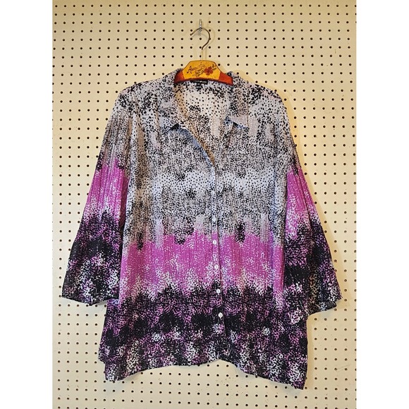 Fashion Bug Tops - Fashion Bug Women 3X Purple Geometric Abstract Pleated Button Up Blouse Top